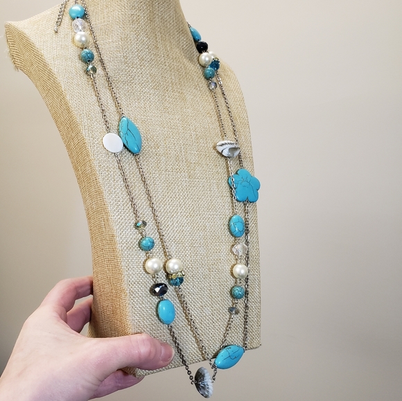 St Emerald, NWT, 2 turquoise, pearl beaded jeweled long silver fashion necklaces - Picture 5 of 16